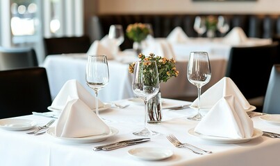 Fototapeta premium Elegant restaurant table setting with white linens, glassware, and centerpiece, ready for fine dining.