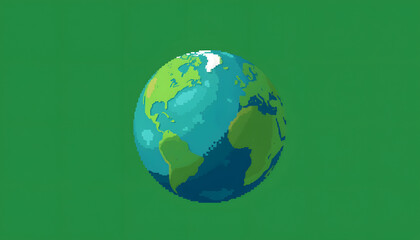 Globe planet earth on a green background. World environment and earth day concept, pixel art, with white tones