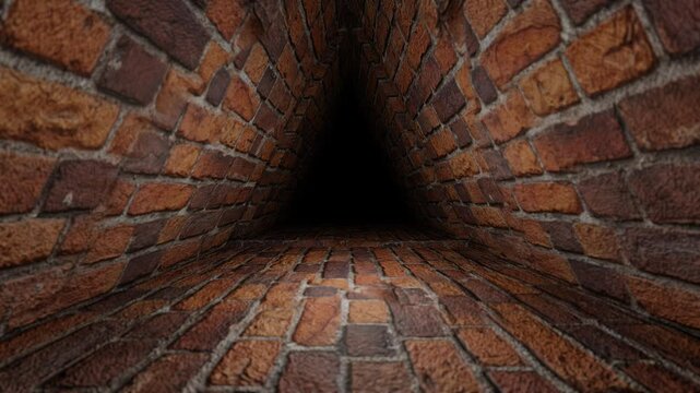 moving forward inside dark triangular endless red brick tunnel. 3d render looped animation