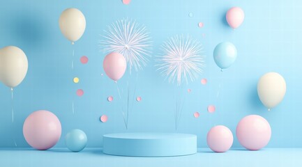 3D podium with balloons and fireworks on a blue background, in pastel colors. 