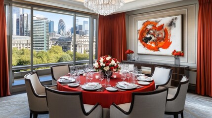 Elegant dining room with city skyline view