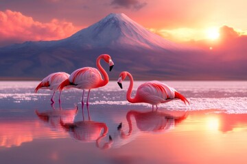 A pixel art depiction of flamingos wading in the Uyuni salt flats at sunset, with vibrant pixelated reflections creating a charming and nostalgic scene
