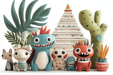 A playful 2D cartoon of Uxmal pyramid surrounded by colorful Aztec symbols and animated jungle animals, set on a bright white background