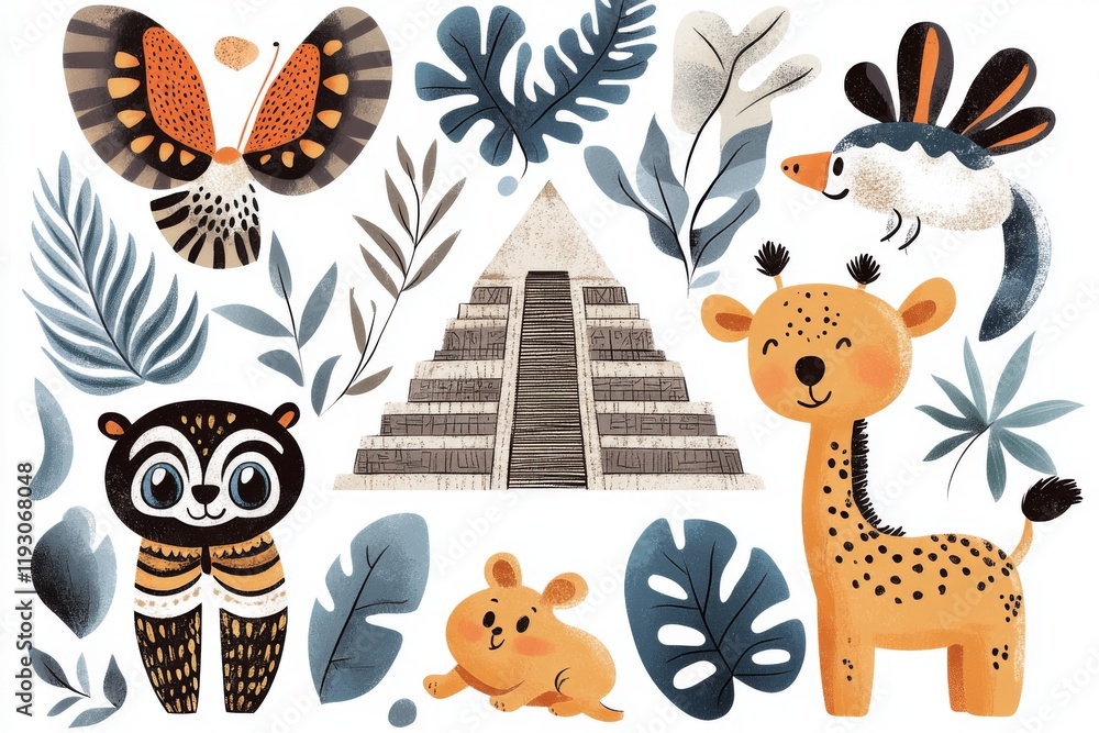 Poster a playful 2d cartoon of uxmal pyramid surrounded by colorful aztec symbols and animated jungle anima