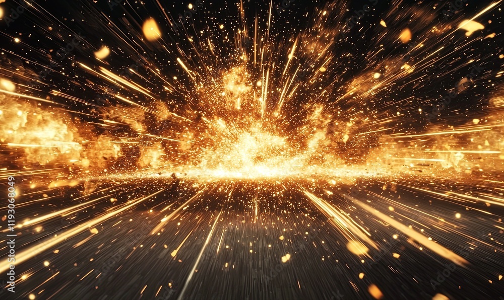 Poster fiery sparks exploding from ground on dark background, ideal for action scenes.