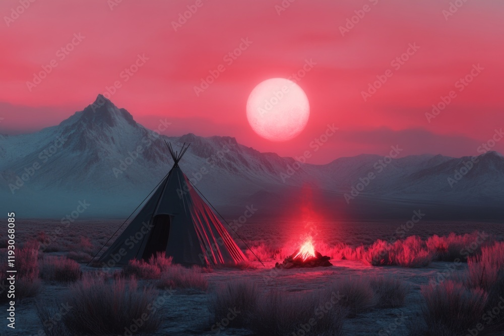 Poster a playful 2d depiction of a camper tent set up in the utah wilderness, with mountains and a glowing 