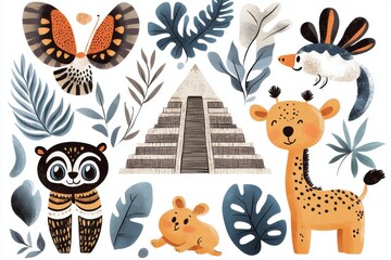 Obraz premium A playful 2D cartoon of Uxmal pyramid surrounded by colorful Aztec symbols and animated jungle animals, set on a bright white background