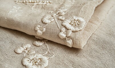Folded beige fabric with delicate floral embroidery and pearl accents, suitable for textile or fashion projects.