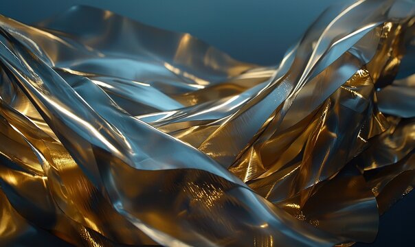 Flowing gold and silver fabric on blue backdrop, ideal for luxury or abstract themes.