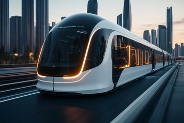 A futuristic electric van driving along a sleek highway, with a modern cityscape in the background