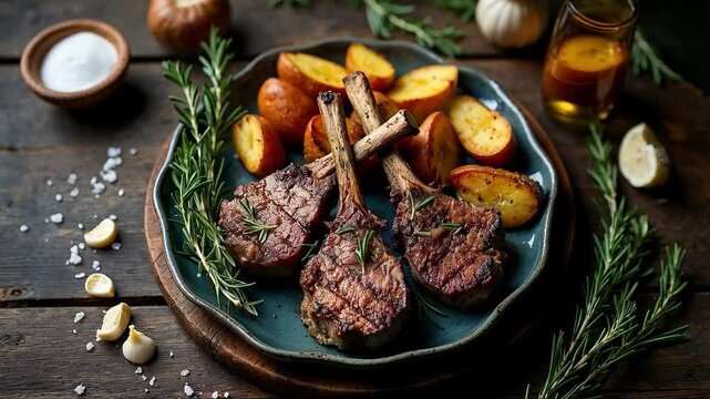 Chuletas de cordero a la parrilla con papas asadas y romero