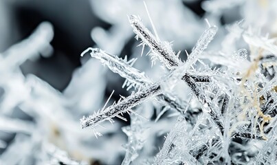 Frozen plant close-up ice crystals on branches, winter nature detail for backgrounds.