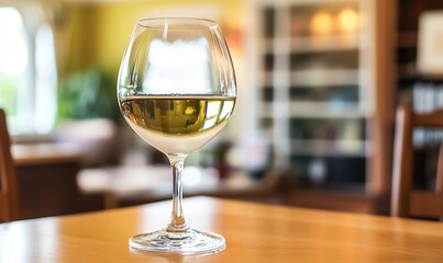 Glass of white wine on table in dining room with blurred background.