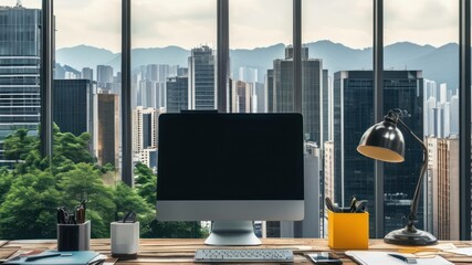 Modern office workspace with computer, city skyline view through large windows, showcasing productivity and corporate atmosphere