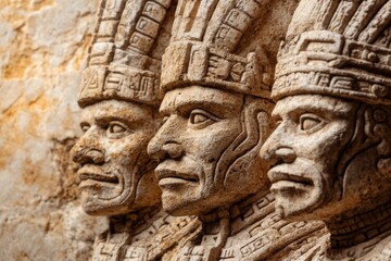 Obraz premium A scene of Aztec warriors depicted in carvings on the walls of Uxmal ruins, narrating a mythical story