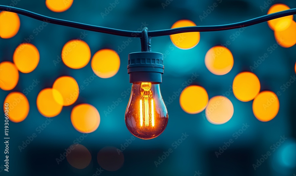 Poster glowing light bulb on string with bokeh background at dusk, ideal for festive decoration.