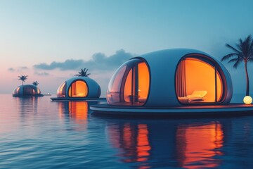 A futuristic vacation scene featuring a floating glass resort over a shimmering alien ocean, with holographic palm trees and glowing orbs lighting the night sky