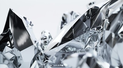 A fragmented, reflective sculpture with sharp edges and asymmetrical forms on white.