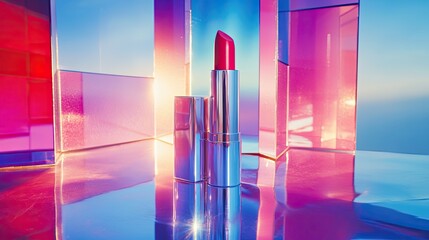 Vibrant red lipstick against a colorful backdrop