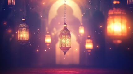 Elegant Islamic Lanterns Illuminate a Mystical Archway with Floating Sparkles