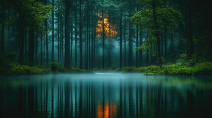 Serene Sunset Over Misty Forest Lake