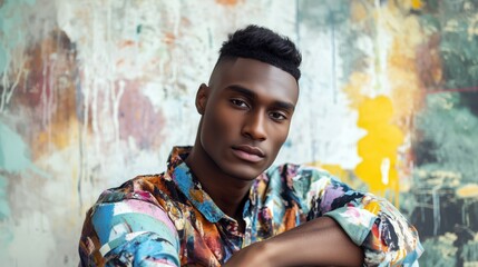 Obraz premium Black man in his mid-20s with short hair soft features wearing oversized colorful shirt sits against wall painted with beautiful abstract art 
