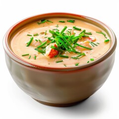 A bowl of creamy lobster bisque soup garnished with chives, isolated white background, impressionist art style