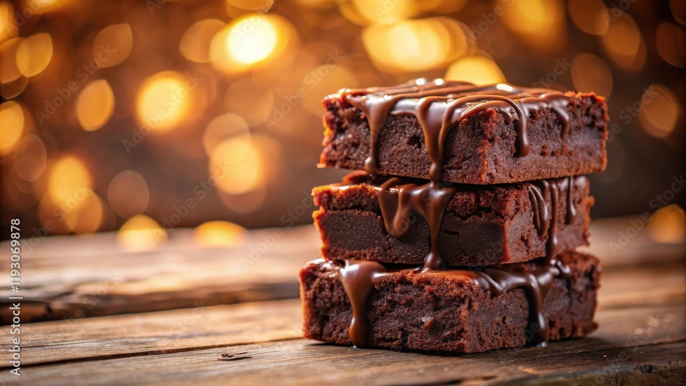 Poster three delicious chocolate brownies drizzled with ganache on rustic wooden table with warm bokeh back