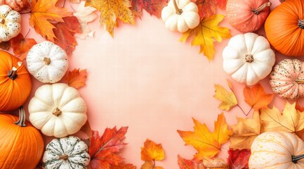 Autumn background with pumpkins and fall leaves on a peach-colored surface, top view. 