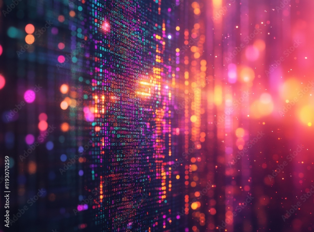 Poster vibrant abstract digital background with colorful lights and binary data displaying the essence of t