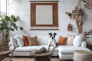 Dog relaxing on a white couch in a boho-chic living room. Perfect for home decor, lifestyle, and pet-themed projects.