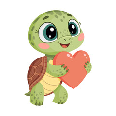 Cute turtle holding heart, funny animal valentine illustration. Hand drawn, Trendy flat style isolated adorable turtle animal, love reptile pet. Vector illustration