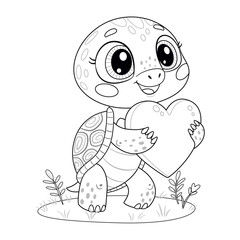 Cute turtle holding heart, funny animal valentine illustration doodle style. Hand drawn coloring page. Pet character black and white coloring book, art therapy, line art. Vector illustration