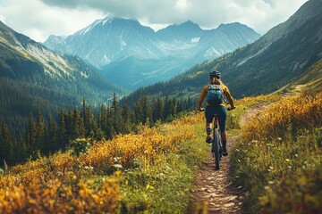 Fototapeta premium Woman mountain biking on scenic trail. Perfect for travel, adventure, and active lifestyle imagery.