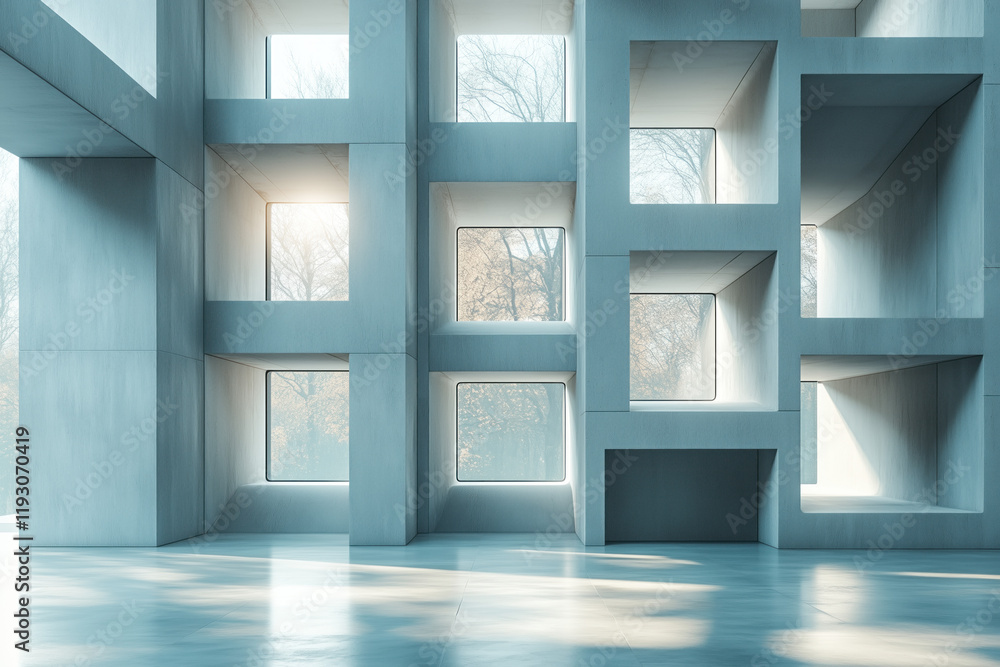 Poster modern minimalist architecture. interior of a lobby. brutalist style. building facade. background im