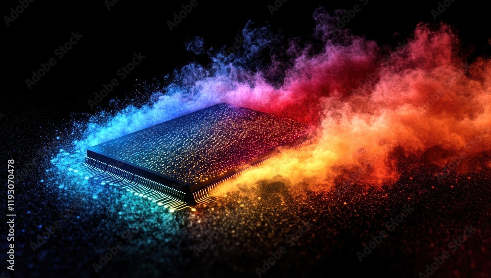 Poster vibrant abstract representation of a microchip surrounded by colorful smoke and particles in a dark 