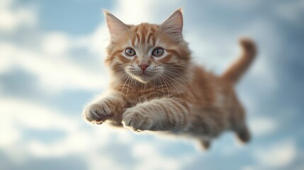 Obraz premium A cat with superpowers flies quickly over white clouds with a beautiful afternoon sky light effect -