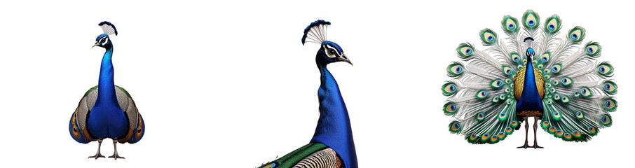 Collection of peacock isolated on a white background as transparent PNG
