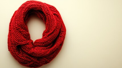 Cozy red knitted infinity scarf on a neutral background