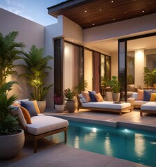 Fototapeta premium A luxurious balcony with a private pool and outdoor lounge furniture, pool, balcony, luxury decor