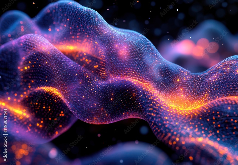 Fototapete Vibrant Abstract Waveforms in Multicolored Digital Display with Lights and Particle Effects Resembling Fluid Motion and Cosmic Energy