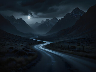 A winding road, shrouded in mist, stretches through a valley surrounded by towering, ominous mountains, their rugged peaks reaching towards the dark, foreboding sky, with subtle hints of moonlight