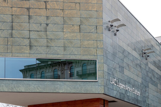 Lugano, Switzerland - Dec 22, 2024: The modern facade of LAC (Lugano Arte e Cultura) with reflective glass