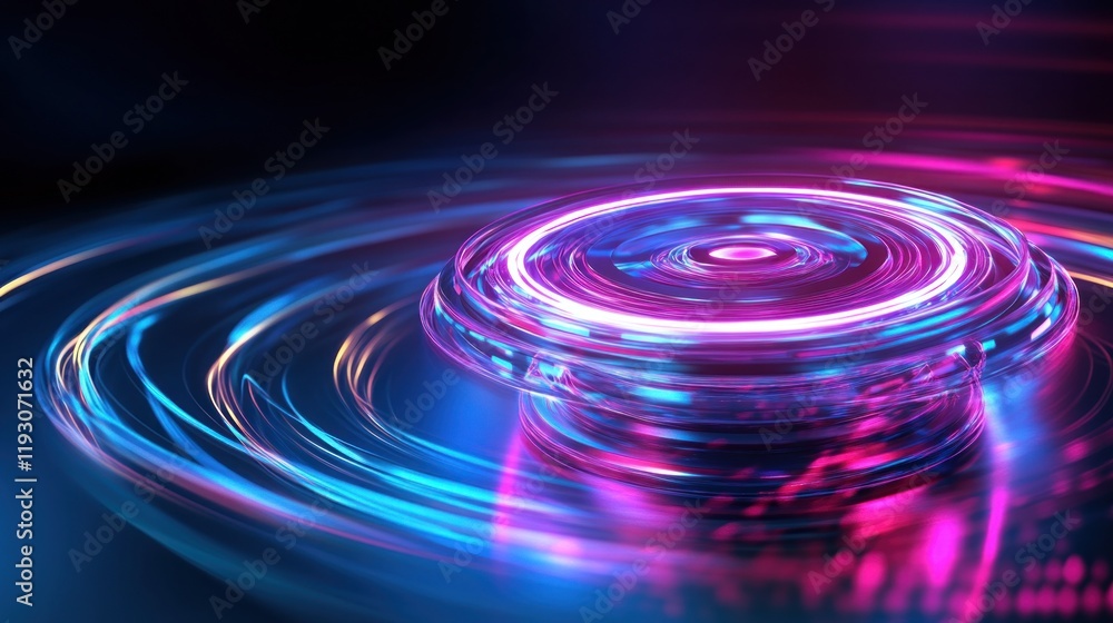 Poster glowing neon circle rotating on futuristic platform with light trails