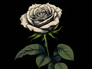 Little open White rose in prospective , background is dark, black 8k, copy the comic style of comic artist with emphasis on dark lines, dark tones, dark gritty