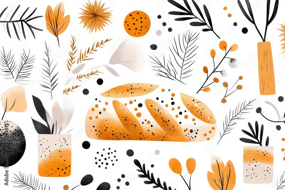 Poster a simplified graphic of an uzbek naan resting on a patterned cloth, with earthy tones and clean outl