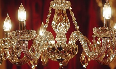 Illuminated crystal chandelier against red curtain backdrop, ideal for interior design or event themes.