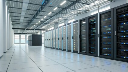 3D rendering of a futuristic data center, server rooms, digital assets