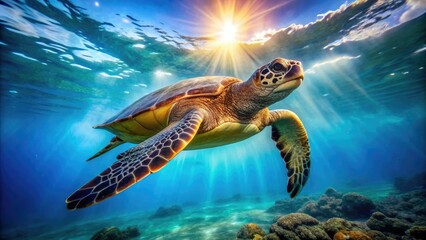 Obraz premium A majestic sea turtle gliding effortlessly through the open ocean on a sunny day, clear water, sunlit ocean, aquatic creature, underwater scene