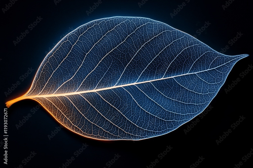 Aufkleber a single glowing leaf under uv light, with intricate vein patterns illuminated in stark detail